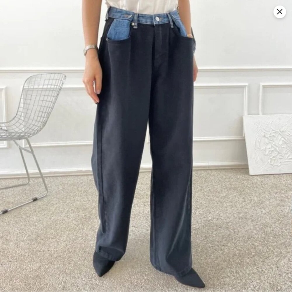 Hayla Contrast Denim Pants - Black/Blue XS/S